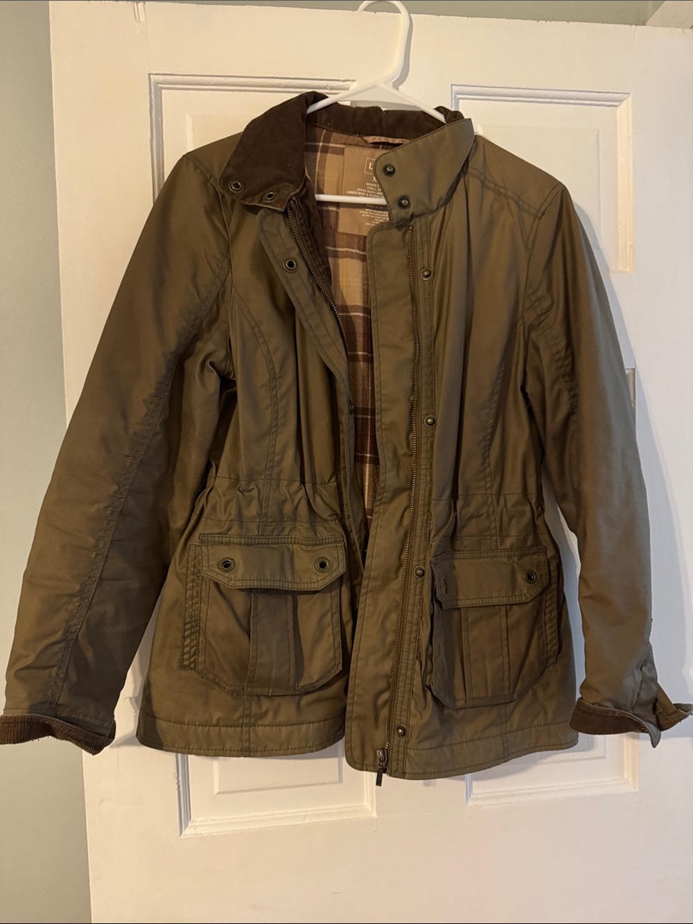L.L. Bean waxed cotton Olive Green Utility Jacket with Brown Corduroy Collar